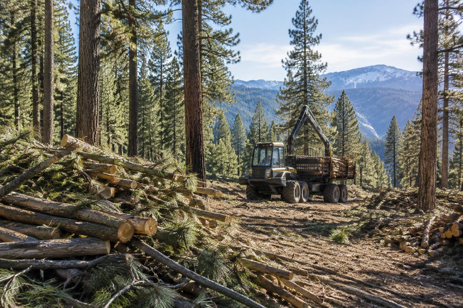 Illustrative forest restoration scene with collected timber and forestry equipment