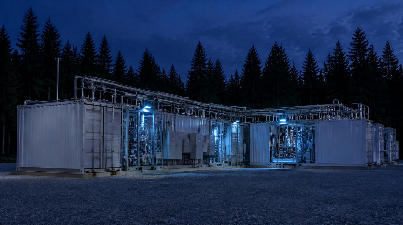 Modular containerized plasma conversion facility at dusk beside a conifer forest